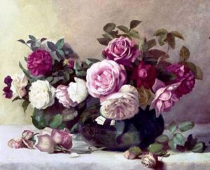 "Still life with pink roses in a vase," by Joseph Cross, 1894