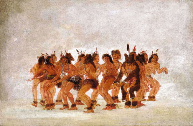 "Bear Dance, Preparing for a Bear Hunt" by George Catlin, oil on canvas, 1835-1837