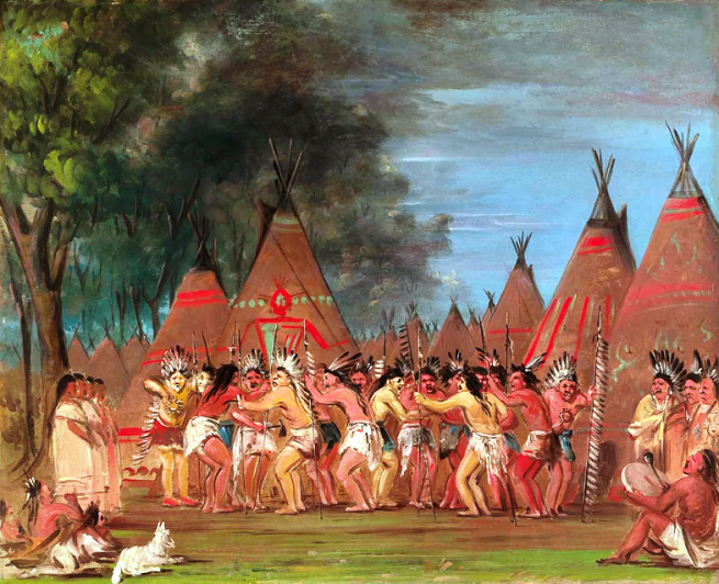 "Dance of the Chiefs, Mouth of the Teton River" by George Catlin, oil on canvas, 1832-1833