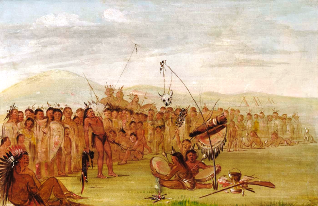 "Self-torture in a Sioux Religious Ceremony" by George Catlin, oil on canvas, 1835-1837