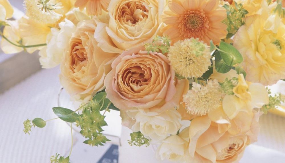 Cabbage roses, Gerbera daisies, and button mums in a bouquet