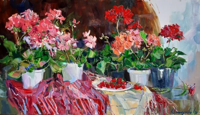 "Geranium -Still Life" by Alina Khrapchynska, oil, 2021