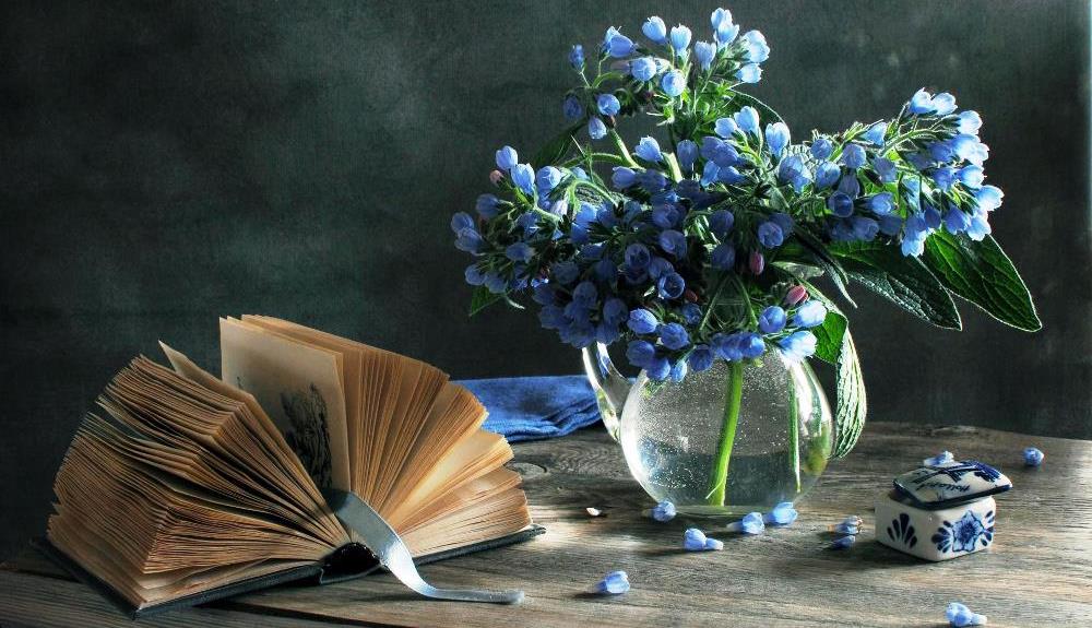 book and blue flowers