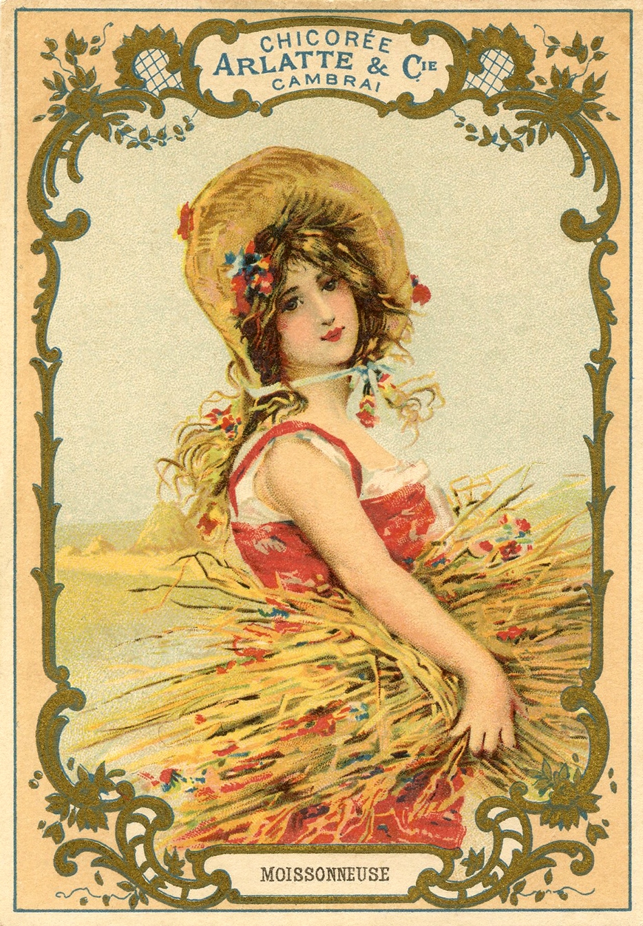 French advertising card of harvest woman