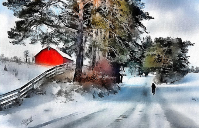 "Amish Boy on Bike" by Tom Schmidt, mixed media, 2010