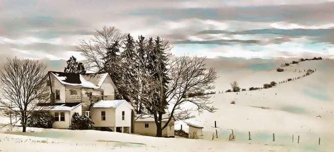 "Amish Farm in Winter" by Tom Schmidt, watercolor, 2010
